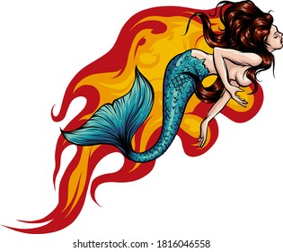 Fantasy sea sirens with flames in cartoon style. Vector illustration.