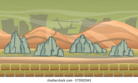 fantasy seamless alien land with mountains and debris of destroyed building in the background, ready to be used in any action or space adventure games