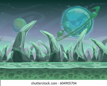 Fantasy seamless alien landscape with separated layers for game design. Vector space background.