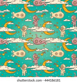 Fantasy seamless background for sweet dreams with doodle moons, clouds and old fashioned submarines, vector illustration