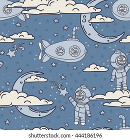 Fantasy seamless background for sweet dreams with doodle moons, clouds and old fashioned submarines, vector illustration