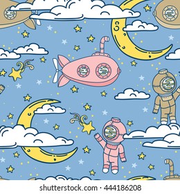 Fantasy seamless background for sweet dreams with doodle moons, clouds and old fashioned submarines, vector illustration