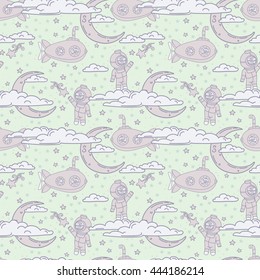 Fantasy seamless background for sweet dreams with doodle moons, clouds and old fashioned submarines, vector illustration