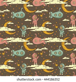 Fantasy seamless background for sweet dreams with doodle moons, clouds and old fashioned submarines, vector illustration