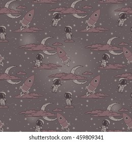 Fantasy seamless background for sweet dreams with doodle moons, clouds, astronauts  and old fashioned rockets, vector illustration