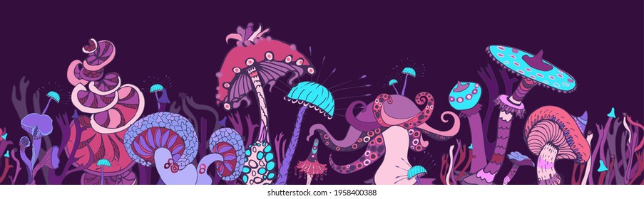 Fantasy seamless border with various mushrooms. Beautiful magic landscape, hand drawn concept background. Vector illustration.