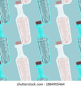 Fantasy seamless doodle pattern with pastel pink and blue elixir bottles. Blue background. Designed for fabric design, textile print, wrapping, cover. Vector illustration