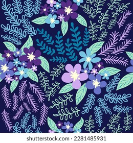 Fantasía sin fisuras de estampado floral con flores azules, azules, azules, titanes, lavanda y hojas. Plantilla elegante para impresiones de moda