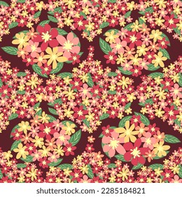 Fantasy-nahtloses Blumenmuster mit blauen, rosa, violetten, roten, orangefarbenen Blumen und Blättern. Elegante Vorlage für Modedrucke
