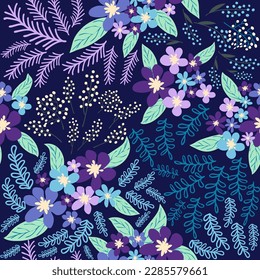 Fantasy seamless floral pattern with blue, azure, tsman, lavender flowers and leaves. Elegant template for fashion prints