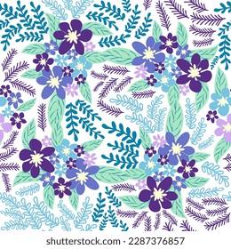 Fantasy seamless floral pattern with blue, azure, tsman, lavender flowers and leaves. Elegant template for fashion prints