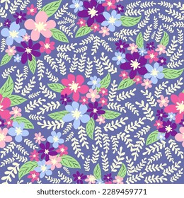 Fantasy-nahtloses Blumenmuster mit blauen, rosa, violetten, roten, orangefarbenen Blumen und Blättern. Elegante Vorlage für Modedrucke