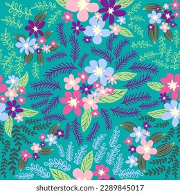 Fantástico patrón floral sin fisuras con flores y hojas azules, rosas, púrpura, rojas, naranjas y azules. Plantilla elegante para impresiones de moda