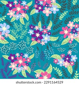 Fantasy seamless floral pattern with blue, pink, purple, red, orange flowers and leaves. Elegant template for fashion prints