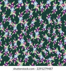Fantasy seamless floral pattern with blue, azure, tsman, lavender flowers and leaves. Elegant template for fashion prints