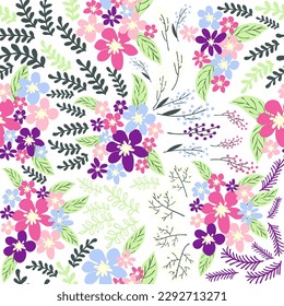 Fantasy-nahtloses Blumenmuster mit blauen, rosa, violetten, roten, orangefarbenen Blumen und Blättern. Elegante Vorlage für Modedrucke