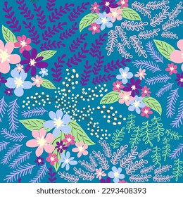 Fantasy-nahtloses Blumenmuster mit blauen, rosa, violetten, roten, orangefarbenen Blumen und Blättern. Elegante Vorlage für Modedrucke