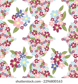 Fantasy seamless floral pattern with blue, pink, purple, red, orange flowers and leaves. Elegant template for fashion prints