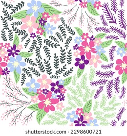 Fantasy seamless floral pattern with blue, pink, purple, red, orange flowers and leaves. Elegant template for fashion prints