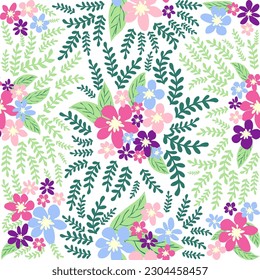 Fantástico patrón floral sin fisuras con flores y hojas azules, rosas, púrpura, rojas, naranjas y azules. Plantilla elegante para impresiones de moda