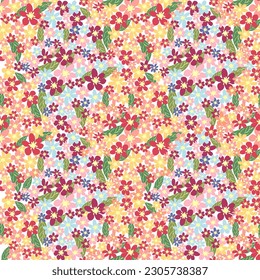 Fantasy seamless floral pattern with blue, pink, purple, red, orange flowers and leaves. Elegant template for fashion prints