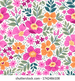 Fantasy seamless floral pattern with light pink and yellow flowers and leaves on a white background. The elegant the template for fashion prints. Modern floral background.