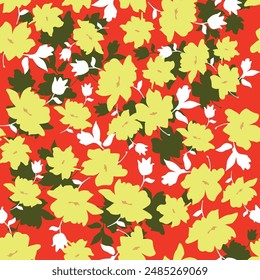 Fantasy seamless floral pattern with light pink and yellow flowers and leaves on a white background. The elegant the template for fashion prints. Modern floral background.