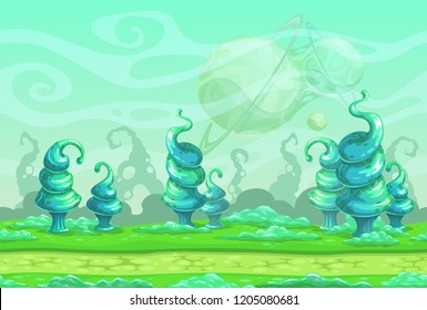 Fantasy seamless landscape with big blue strange plants. Separated layers for parallax effect in the animation. Alien world illustration. Cartoon horizontal background for games design.