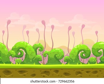 Fantasy seamless landscape illustration. Cartoon vector nature background for game design. Separated layers for parallax effect.