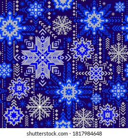 Fantasía sin fisuras con copos de nieve escandinavos abstractos. Decoración retro con motivos navideños. Impresión popular moderna para papel pintado y textiles. Ilustración de dibujos animados.