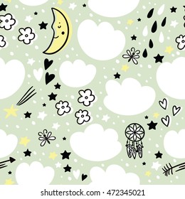 Fantasy seamless pattern with butterfly, rain, moon, clouds, flowers, hearts, stars