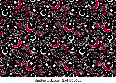Fantasy seamless pattern of different elements. Bats, roses and moon