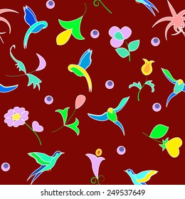 Fantasy seamless pattern of exotic flowers and birds of paradise on chocolate background