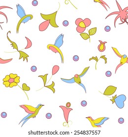 Fantasy seamless pattern of exotic flowers and birds of paradise on chocolate background