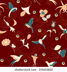 Fantasy seamless pattern of exotic flowers and birds of paradise on chocolate background