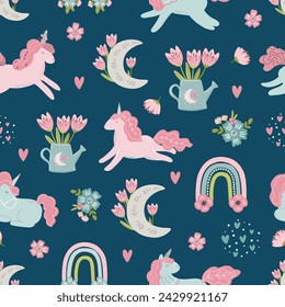 Fantasy seamless pattern with flowers and unicorns, kids childish digital paper