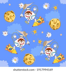 Fantasy seamless pattern with funny kittens - astronauts in open cosmos. Rockets, moon, planets and stars against blue sky.