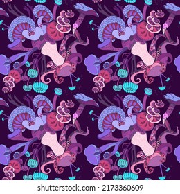 Fantasy seamless pattern with hand drawn colorful various mushrooms. Beautiful magic pattern, concept background. Vector illustration