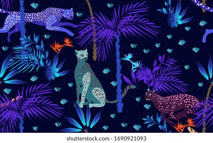 Fantasy seamless pattern with night tropical print on a neon black background. Running, hunting and seated jaguars in the jungle. Trees, palm leaves, plants, Strelitzia flowers and animals