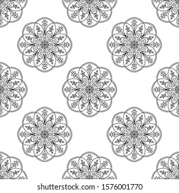 Fantasy seamless pattern with ornamental mandala. Abstract round doodle flower background. Floral geometric circle. Vector illustration. 