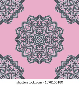 Fantasy seamless pattern with ornamental mandala. Abstract round doodle flower background. Floral geometric circle. Vector illustration.  