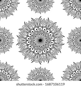 Fantasy seamless pattern with ornamental mandala. Abstract round doodle flower background. Floral geometric circle. Vector illustration.