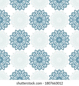 Fantasy seamless pattern with ornamental mandala. Abstract round doodle flower background. Floral geometric circle. Vector illustration.  