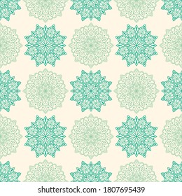 Fantasía sin fisuras con mandala ornamental. Resumen del fondo de las flores de doodle redondeadas. Círculo geométrico floral. Ilustración vectorial.  