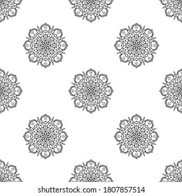 Fantasy seamless pattern with ornamental mandala. Abstract round doodle flower background. Floral geometric circle. Vector illustration.  