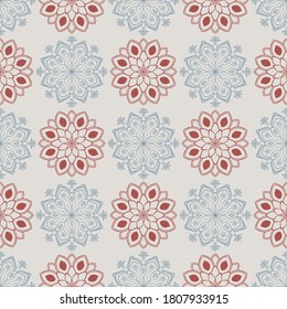 Fantasía sin fisuras con mandala ornamental. Resumen del fondo de las flores de doodle redondeadas. Círculo geométrico floral. Ilustración vectorial.  