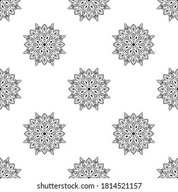 Fantasy seamless pattern with ornamental mandala. Abstract round doodle flower background. Floral geometric circle. Vector illustration. 