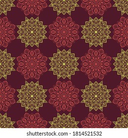 Fantasía sin fisuras con mandala ornamental. Resumen del fondo de las flores de doodle redondeadas. Círculo geométrico floral. Ilustración vectorial. 