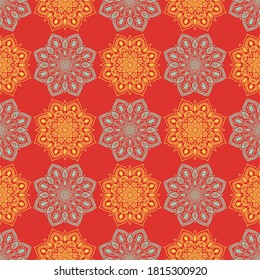 Fantasía sin fisuras con mandala ornamental. Resumen del fondo de las flores de doodle redondeadas. Círculo geométrico floral. Ilustración vectorial. 