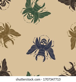 Fantasy seamless pattern, scary beetle, magic insect